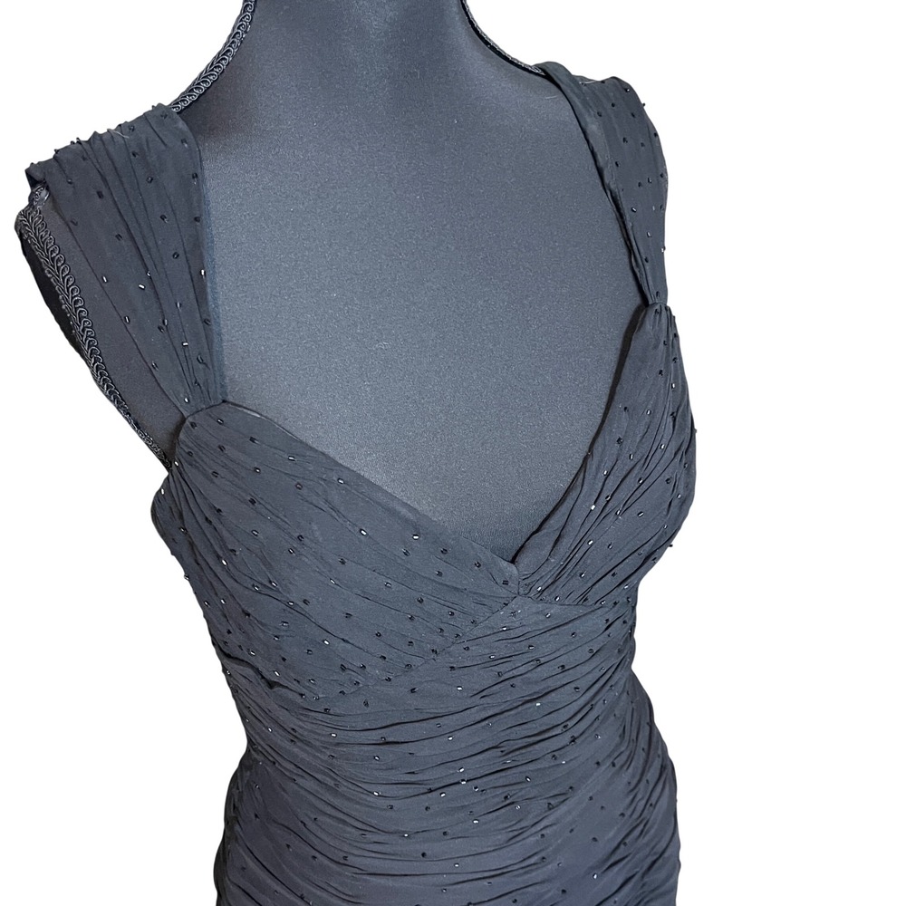 Papell Boutique Evening Black Silk Ruched Beaded Formal Cocktail Party Dress Sz6 - Picture 4 of 10